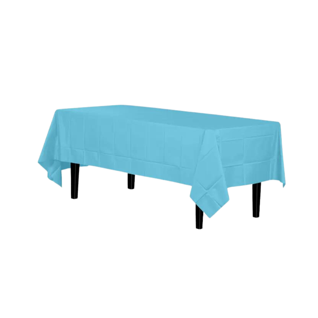 Light blue disposable plastic tablecloth covering a rectangle table for events from Parte Haus party supply store in Bethesda MD