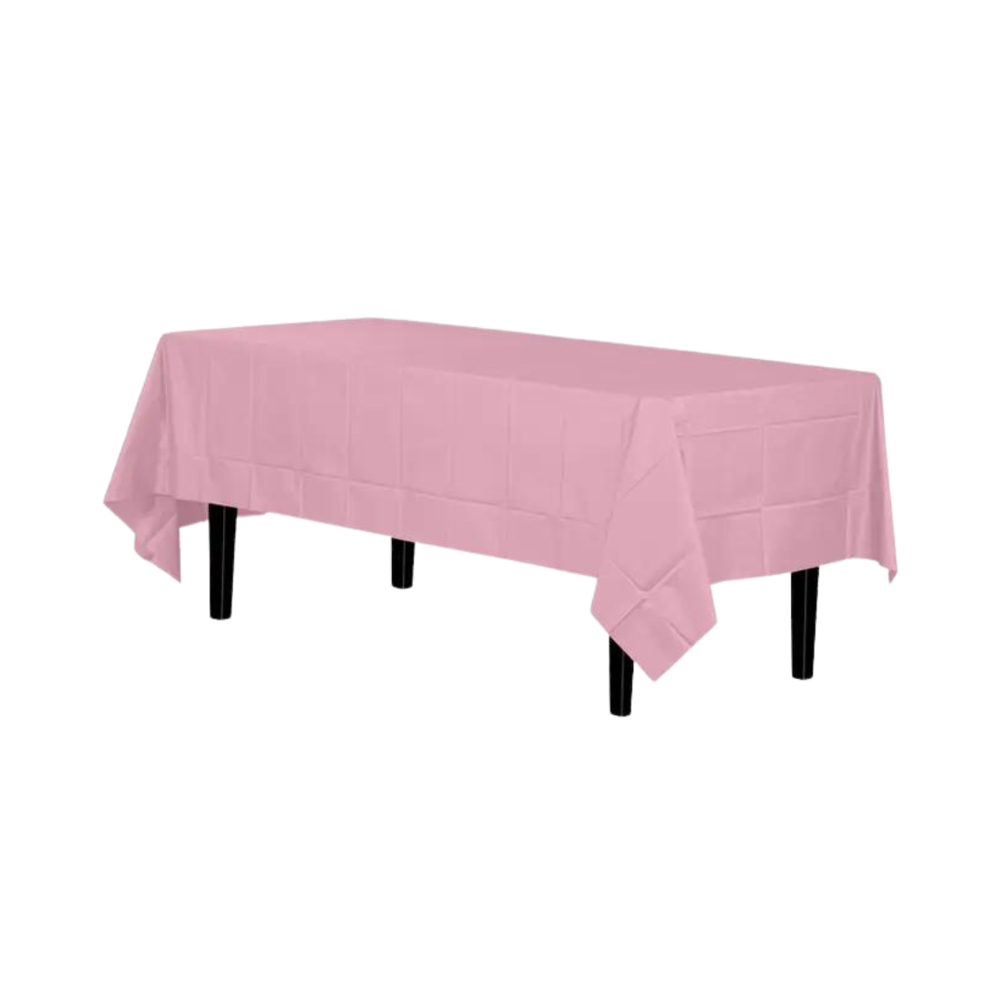 Premium pink disposable plastic tablecloth covering a rectangular table birthday or baby shower from Parte Haus party supply store in Bethesda Maryland