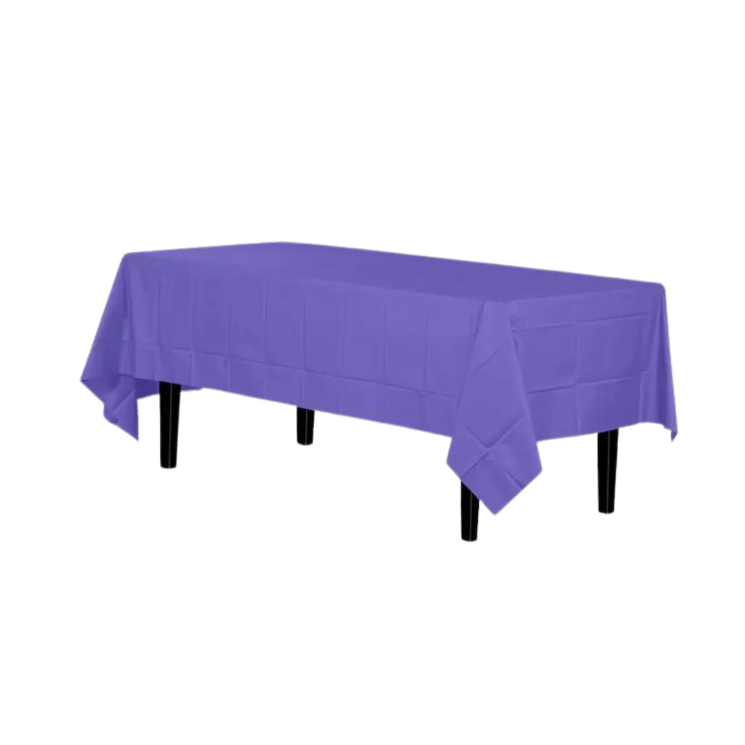 Premium purple disposable plastic tablecloth on rectangular table birthday from Parte Haus party supply store in Bethesda MD
