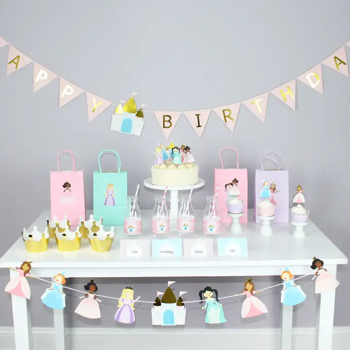 pastel princess birthday decoration kit with crowns cake toppers banners from Parte Haus party supply store in Bethesda MD