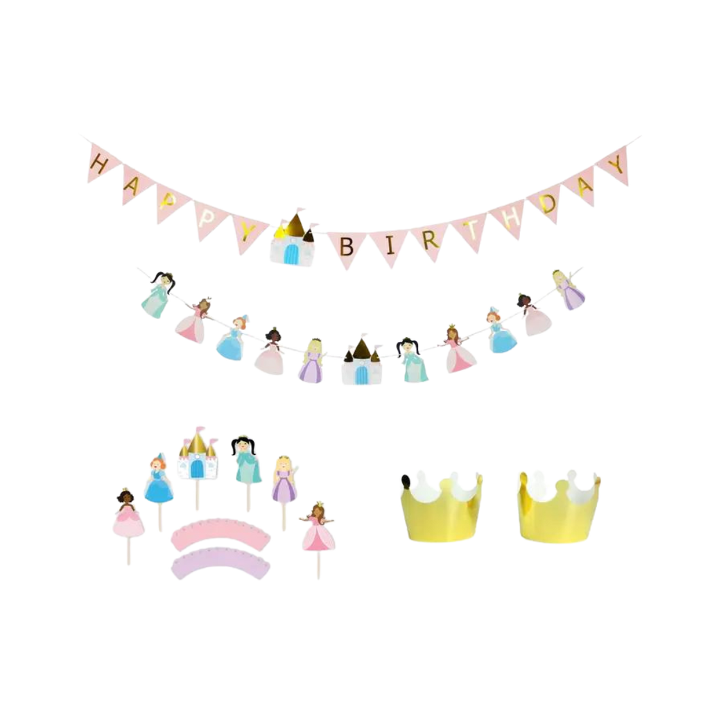 Pink and pastel princess birthday decoration kit with banners crowns and cake toppers for girls birthday from Parte Haus party supply store in Bethesda MD.