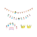 Pink and pastel princess birthday decoration kit with banners crowns and cake toppers for girls birthday from Parte Haus party supply store in Bethesda MD.