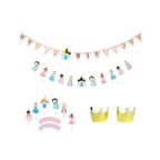 Pink and pastel princess birthday decoration kit with banners crowns and cake toppers for girls birthday from Parte Haus party supply store in Bethesda MD.