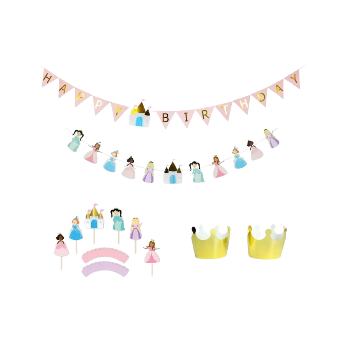 Pink and pastel princess birthday decoration kit with banners crowns and cake toppers for girls birthday from Parte Haus party supply store in Bethesda MD.