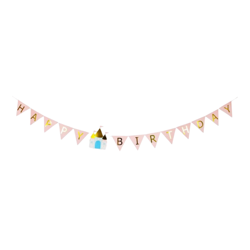 Pink birthday banner with gold letters and princess castle theme from Parte Haus party supply store in Bethesda MD