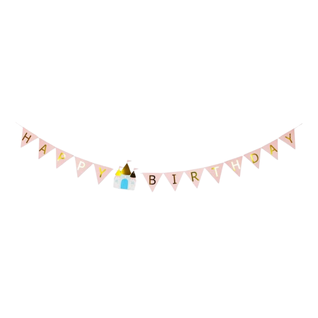 Pink birthday banner with gold letters and princess castle theme from Parte Haus party supply store in Bethesda MD