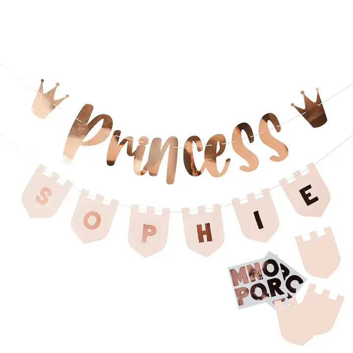 Rose gold princess banner with personalized castle flags for birthday from Parte Haus party supply store in Bethesda Maryland