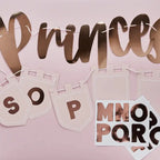 pink and gold princess banner with customizable flags kids birthday theme from Parte Haus party supply store in Bethesda Maryland