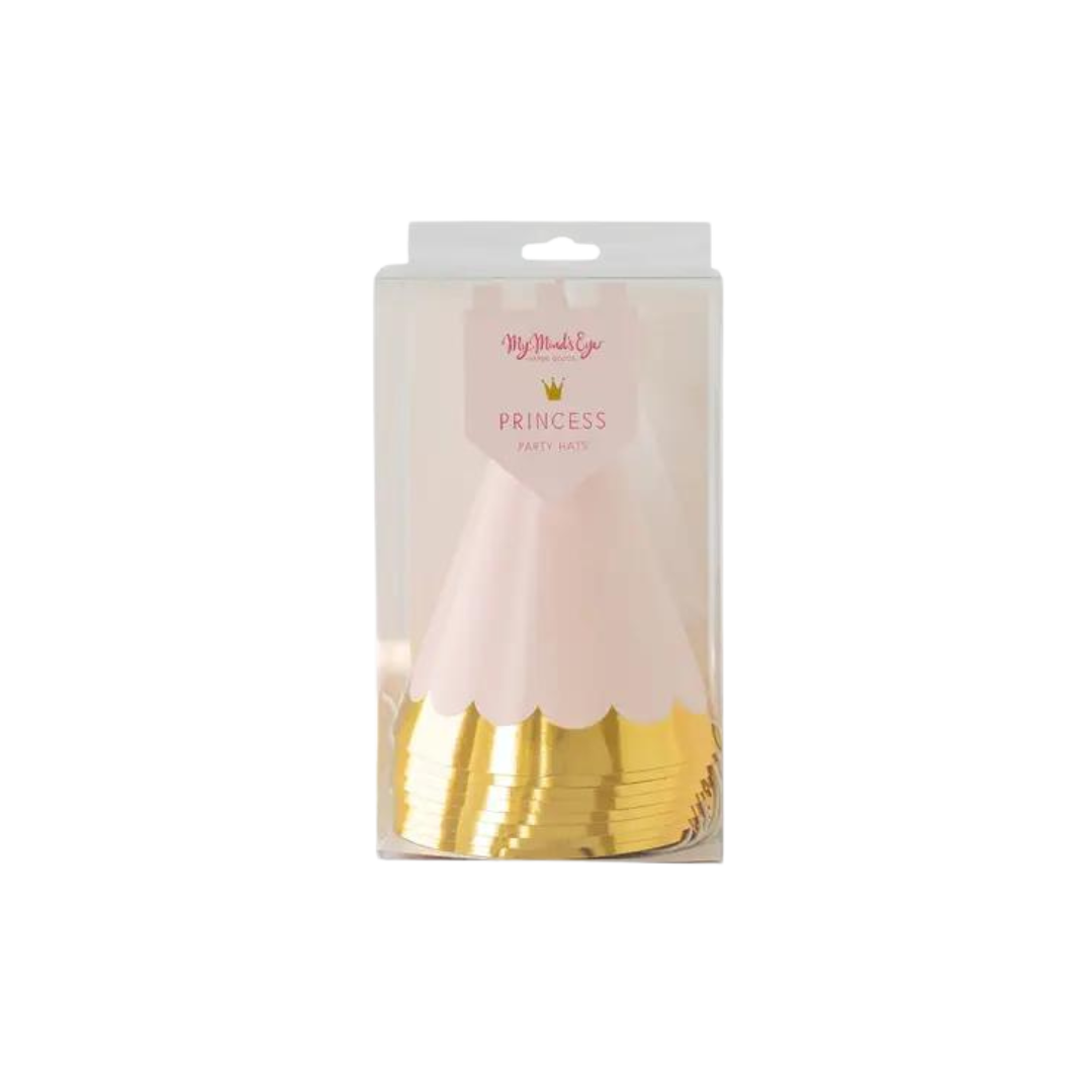 Pink and gold princess cone hats for birthday from Parte Haus party supply store in Bethesda Maryland