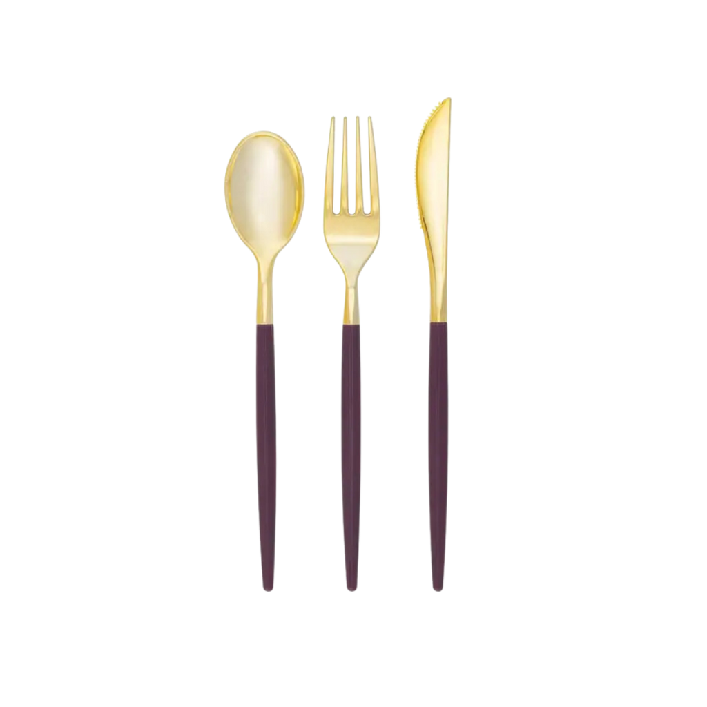 Purple gold plastic cutlery set elegant modern tableware for celebrations from Parte Haus party supply store in Bethesda MD