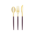 Purple gold plastic cutlery set elegant modern tableware for celebrations from Parte Haus party supply store in Bethesda MD