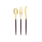 Purple gold plastic cutlery set elegant modern tableware for celebrations from Parte Haus party supply store in Bethesda MD