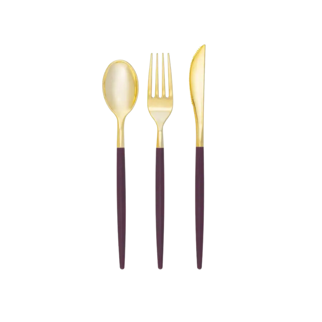 Purple gold plastic cutlery set elegant modern tableware for celebrations from Parte Haus party supply store in Bethesda MD