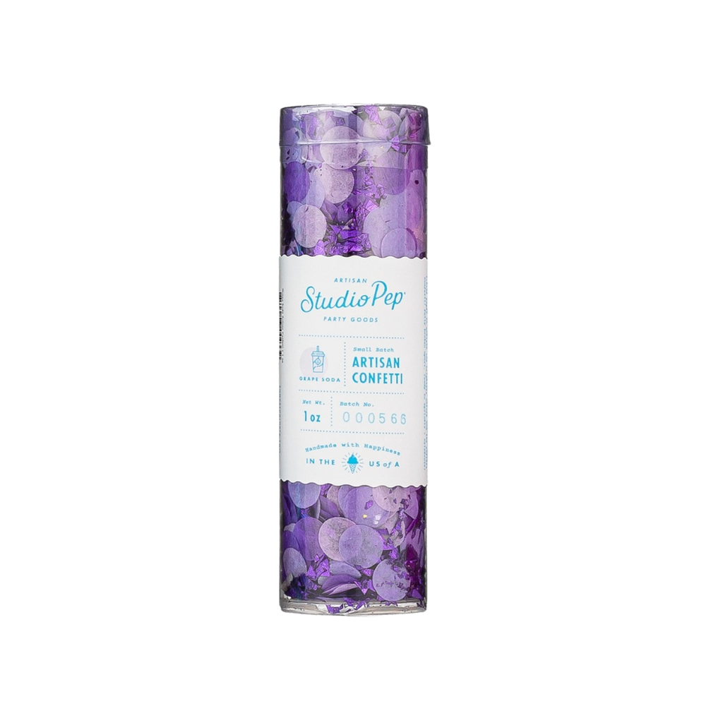Purple grape soda mini confetti pack in clear tube celebration decor from Parte Haus party supply store in Bethesda MD