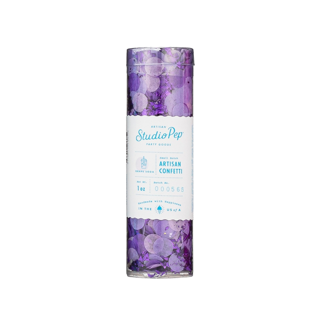 Purple grape soda mini confetti pack in clear tube celebration decor from Parte Haus party supply store in Bethesda MD
