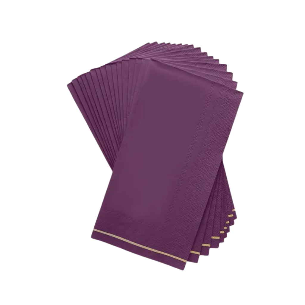 Purple dinner napkins with gold stripe elegant design celebration from Parte Haus party supply store in Bethesda MD