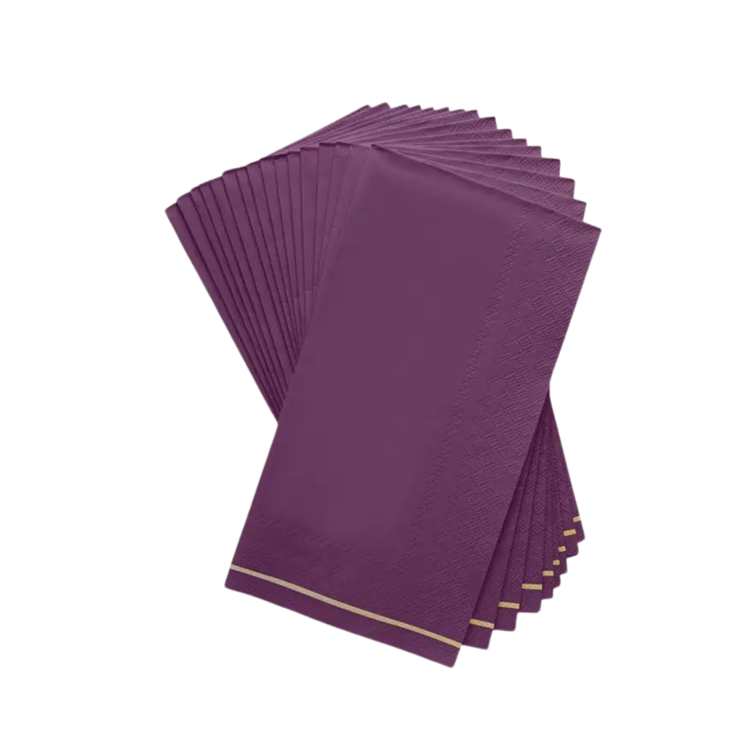 Purple dinner napkins with gold stripe elegant design celebration from Parte Haus party supply store in Bethesda MD