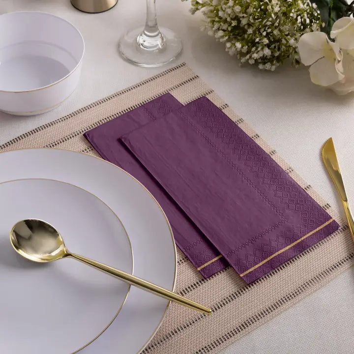 Purple with gold stripe dinner paper napkins elegant table setting from Parte Haus party supply store in Bethesda Maryland