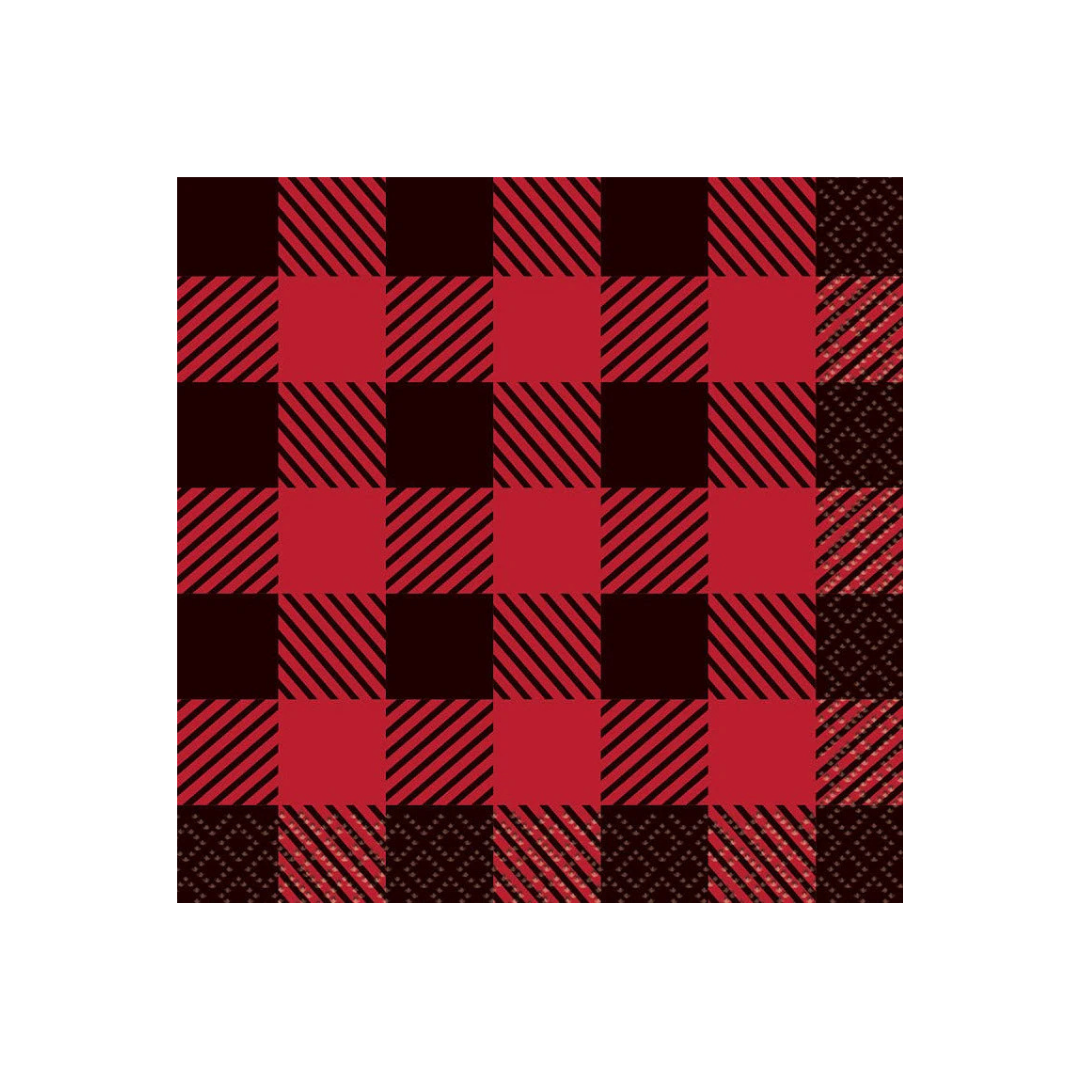 Red and black plaid cocktail napkin with checkered pattern holiday decor from Parte Haus party supply store in Bethesda MD