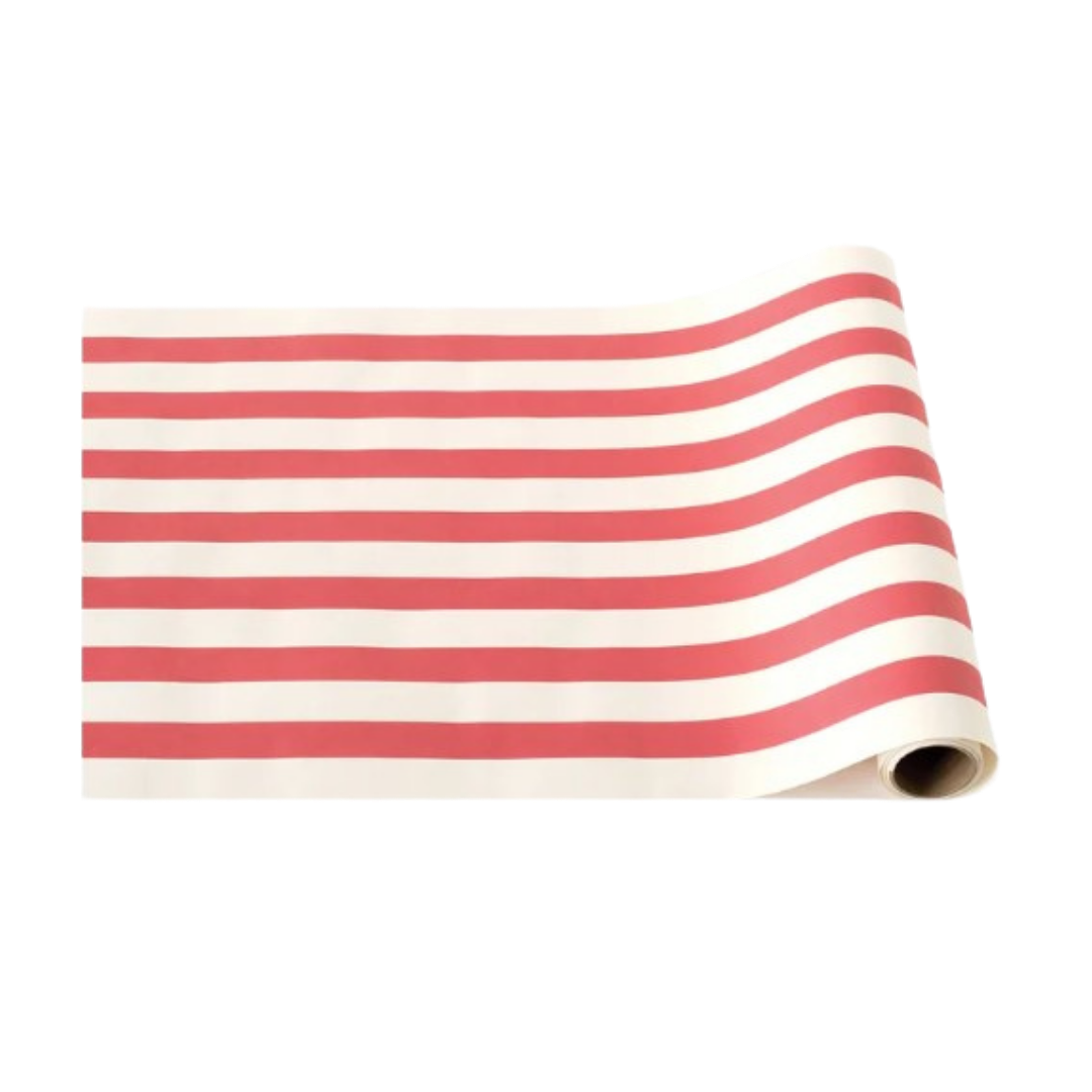 Red classic stripe table runner with horizontal stripes for celebrations from Parte Haus party supply store in Bethesda Maryland