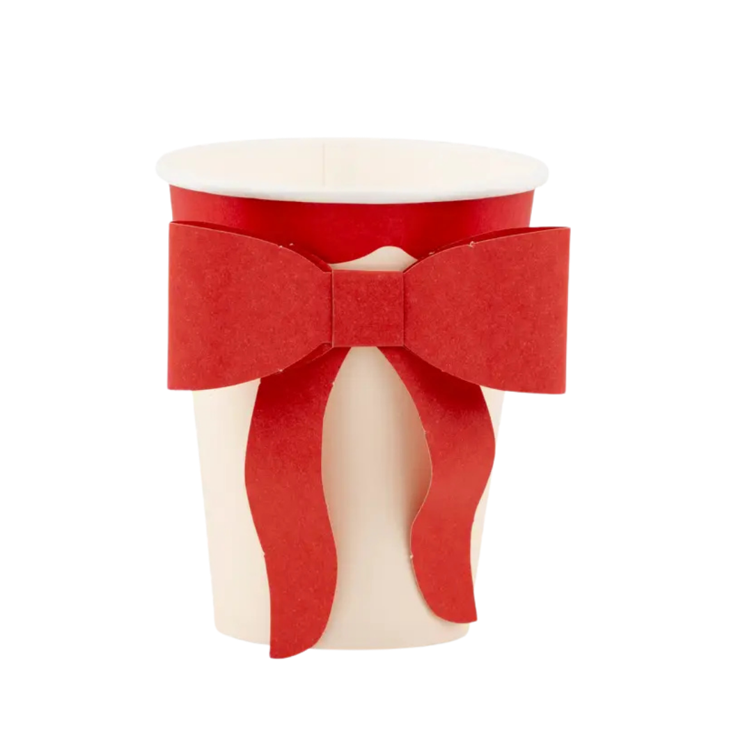 Red pink bow paper cup with large bow design birthday celebration from Parte Haus party supply store in Bethesda MD