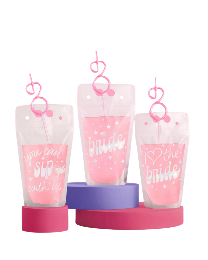 White Bachelorette Drink Pouches with Ring Shaped Glitter Straws