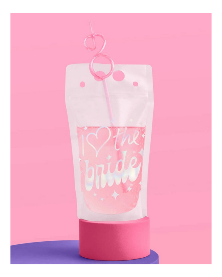 White Bachelorette Drink Pouches with Ring Shaped Glitter Straws