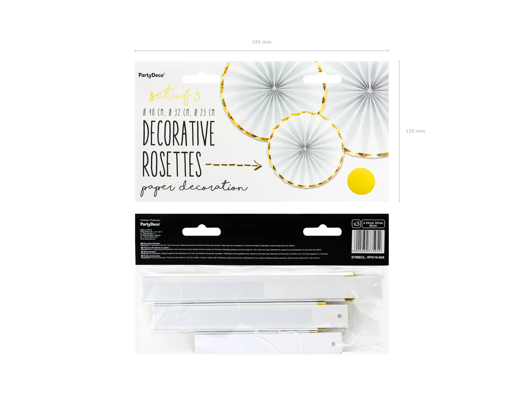 White and Gold Trim Rosette Decoration - 3pcs