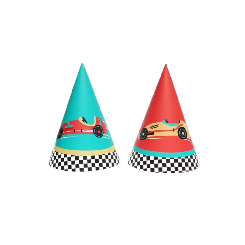 Red and teal race car cone hats with checkered pattern racing birthday from Parte Haus party supply store in Bethesda MD.