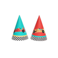 Red and teal race car cone hats with checkered pattern racing birthday from Parte Haus party supply store in Bethesda MD.