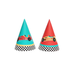 Red and teal race car cone hats with checkered pattern racing birthday from Parte Haus party supply store in Bethesda MD.