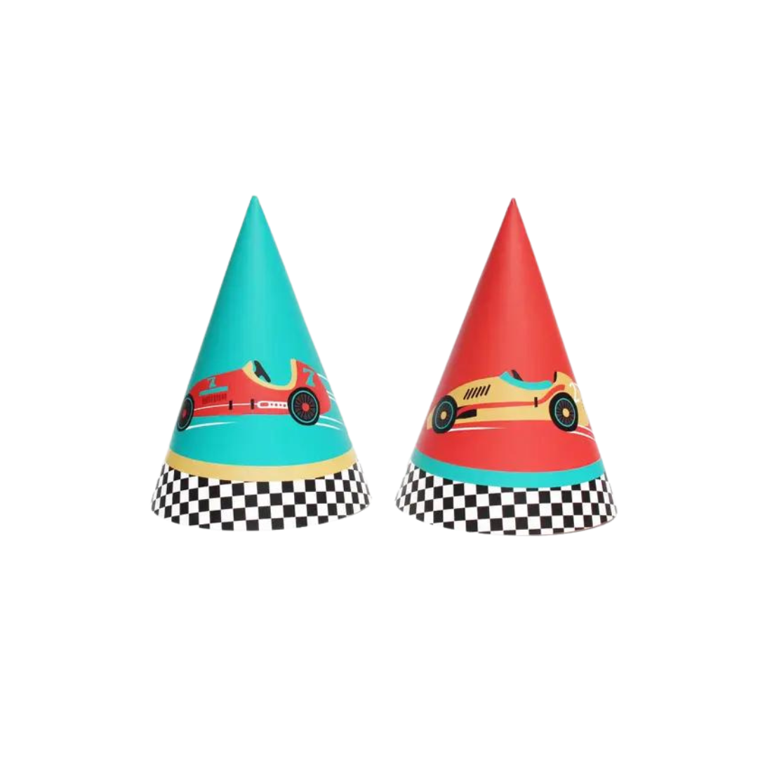 Red and teal race car cone hats with checkered pattern racing birthday from Parte Haus party supply store in Bethesda MD.