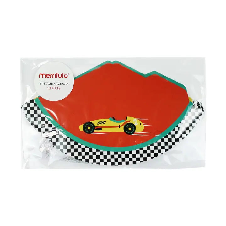 Red and yellow vintage race car hats with checkered trim Race Car birthday from Parte Haus party supply store in Bethesda MD