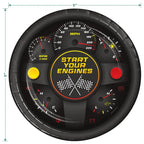 Black race car dashboard paper plate with start your engines and checkered flags racing theme from Parte Haus party supply store in Bethesda MD