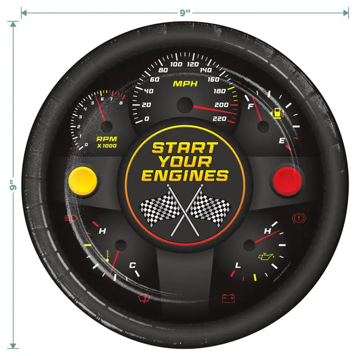 Black race car dashboard paper plate with start your engines and checkered flags racing theme from Parte Haus party supply store in Bethesda MD