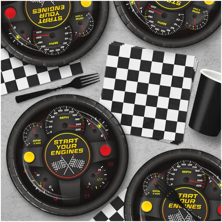 black race car paper plates with speedometer design and checkered napkins race theme from Parte Haus party supply store in Bethesda Maryland