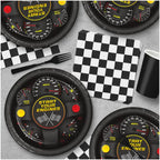 black race car paper plates with speedometer design and checkered napkins race theme from Parte Haus party supply store in Bethesda Maryland