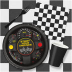 Black race car themed paper plate and checkered napkins race party from Parte Haus party supply store in Bethesda MD