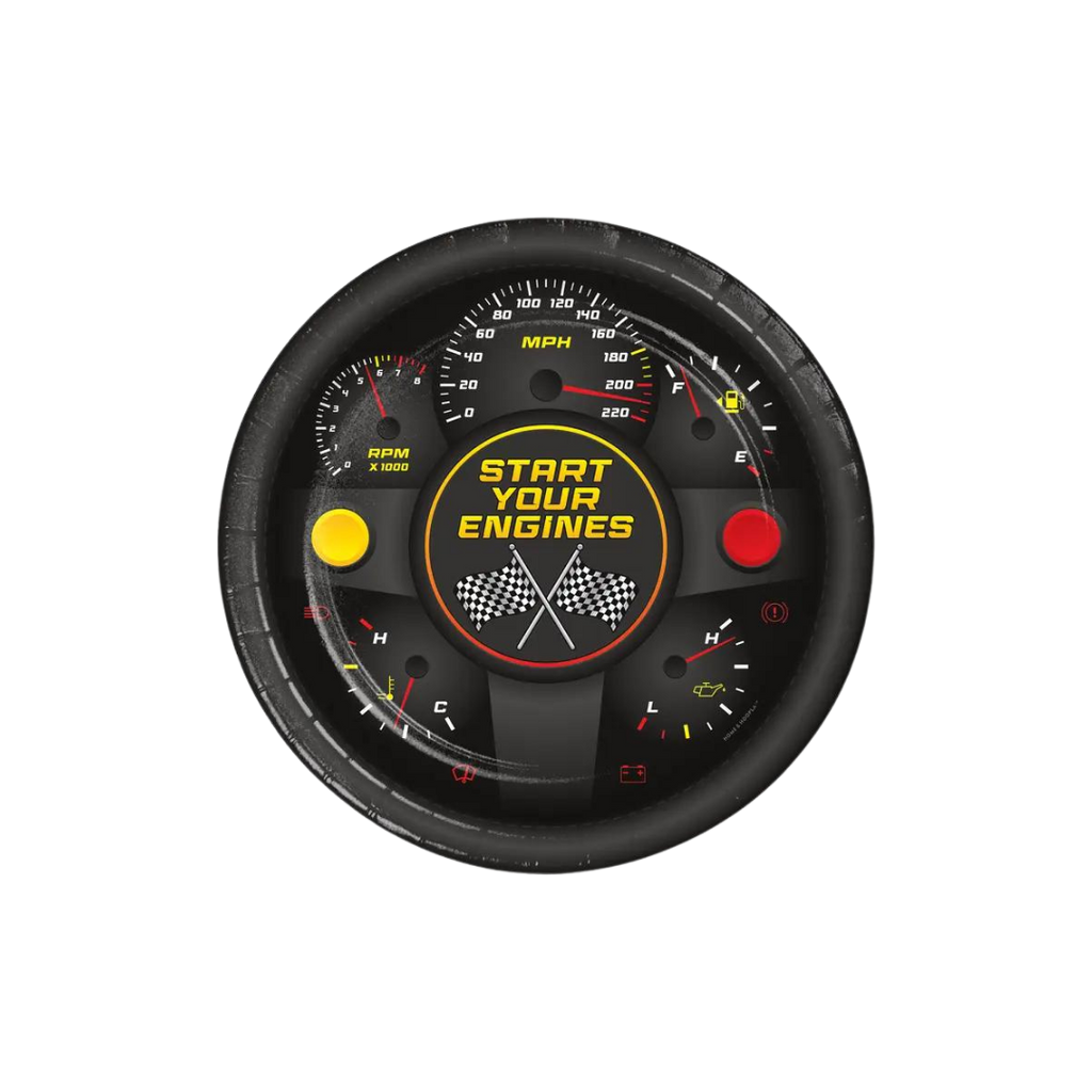 Black race car theme dinner paper plate with speedometer design racing party from Parte Haus party supply store in Bethesda MD