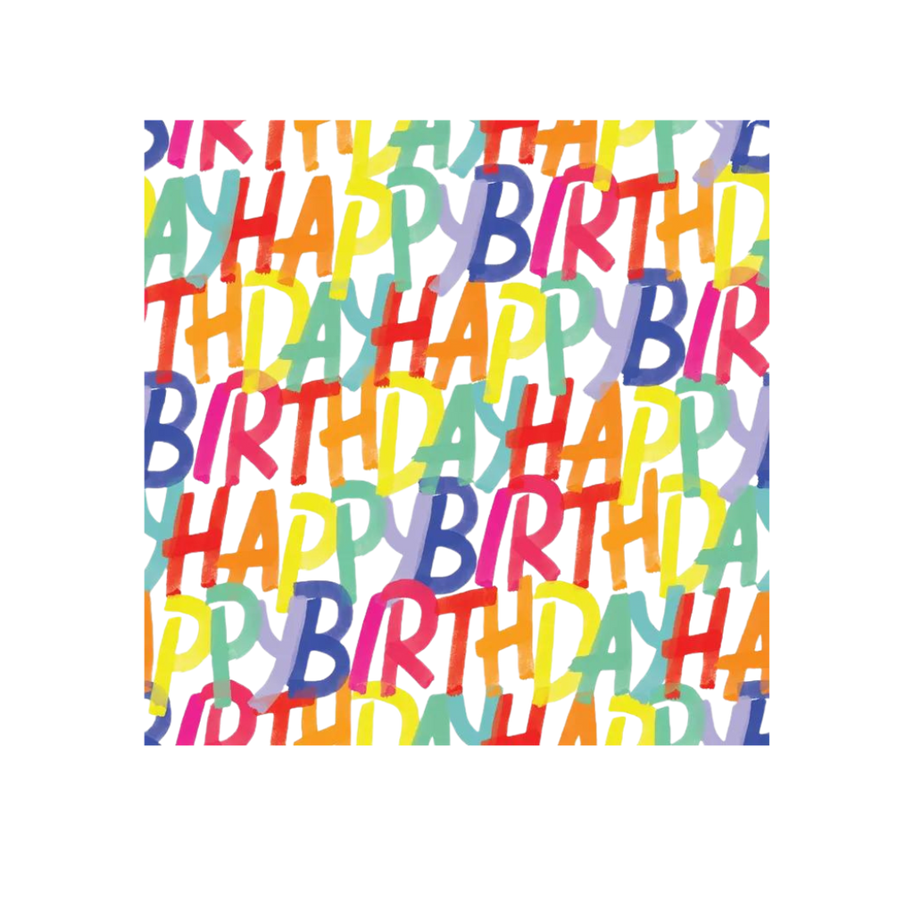Rainbow gift wrap roll with colorful happy birthday text for birthday from Parte Haus party supply store in Bethesda MD.