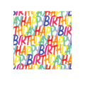 Rainbow gift wrap roll with colorful happy birthday text for birthday from Parte Haus party supply store in Bethesda MD.