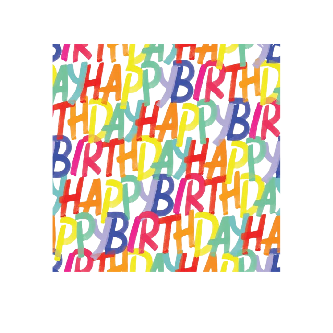 Rainbow gift wrap roll with colorful happy birthday text for birthday from Parte Haus party supply store in Bethesda MD.