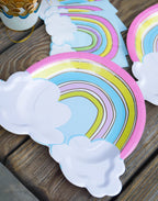 Rainbow colored dessert plates with cloud edges for birthday from Parte Haus party supply store in Bethesda MD.