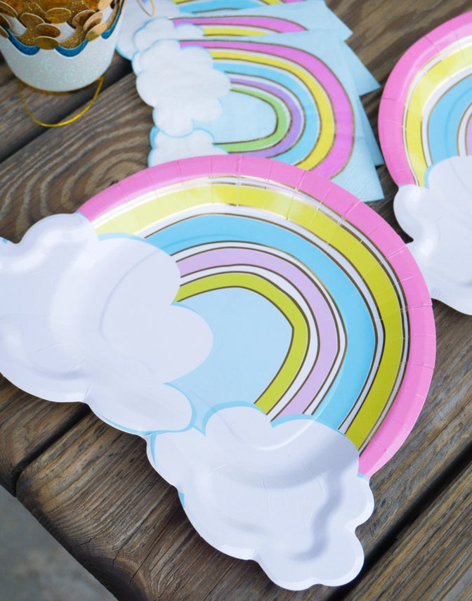 Rainbow colored dessert plates with cloud edges for birthday from Parte Haus party supply store in Bethesda MD.
