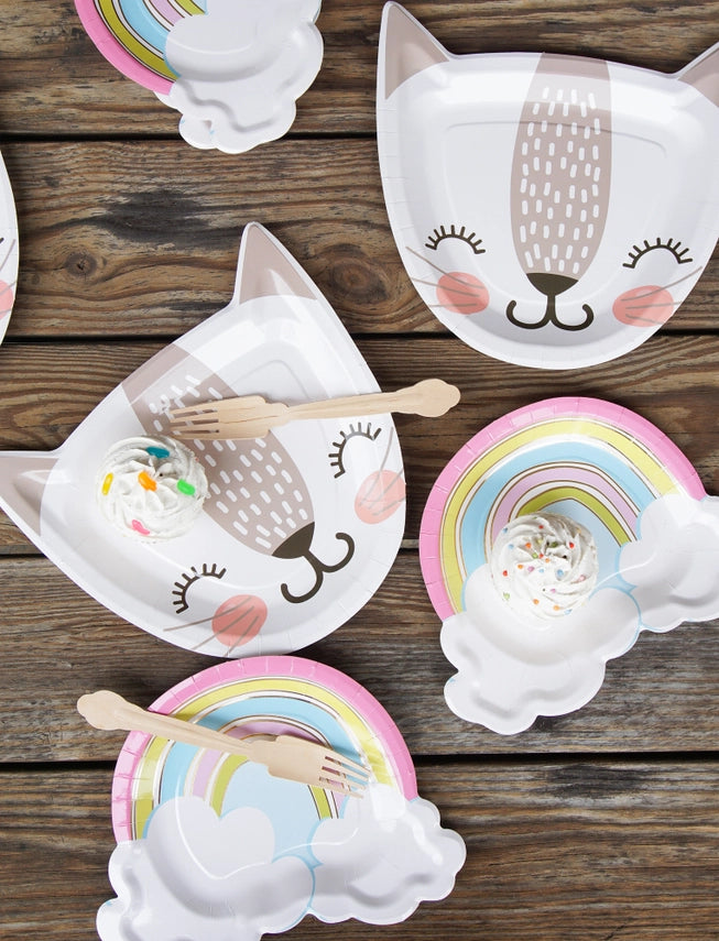 Rainbow dessert plates with clouds and cupcakes for birthday from Parte Haus party supply store in Bethesda MD