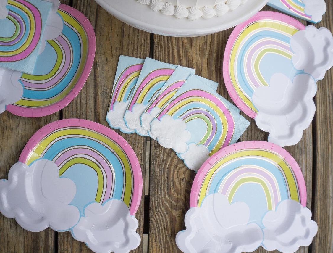 Rainbow dessert plates with pastel clouds for birthday from Parte Haus party supply store in Bethesda MD