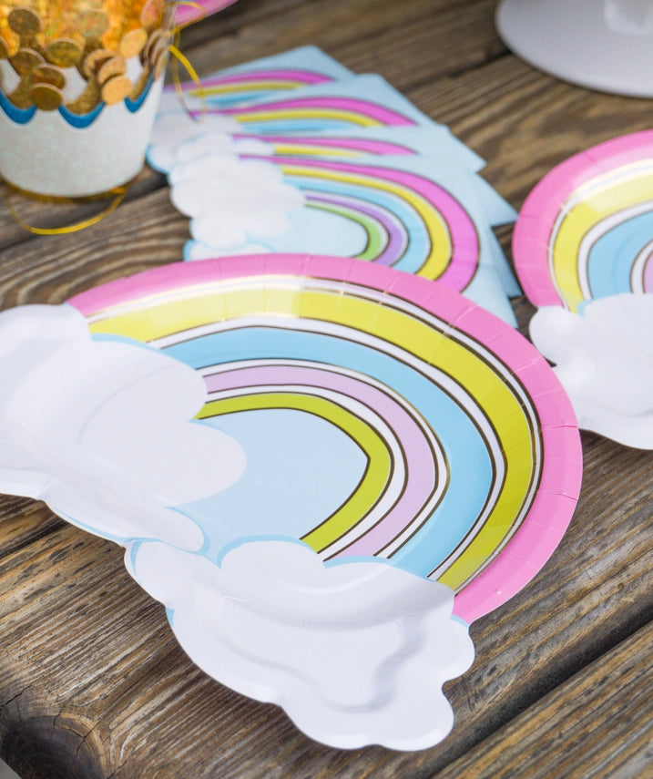 Rainbow pastel dessert plates with cloud edges for birthday from Parte Haus party supply store in Bethesda MD
