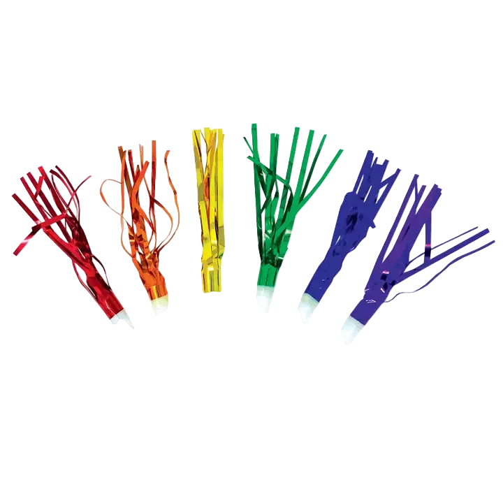 Rainbow color metallic whistles for birthday celebration from Parte Haus party supply store in Bethesda Maryland
