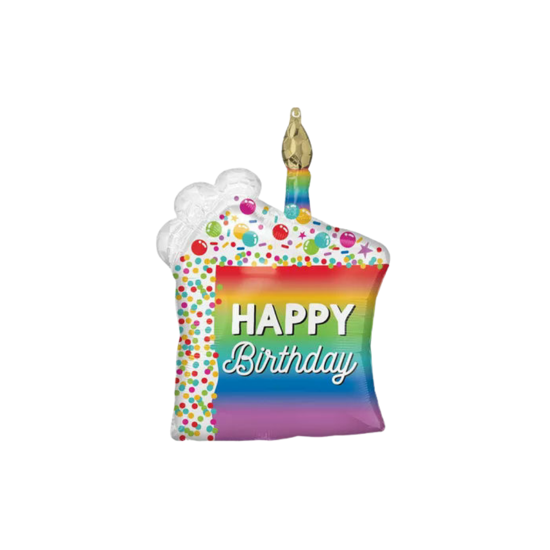 Rainbow slice foil balloon with Happy Birthday text and confetti design birthday theme from Parte Haus party supply store in Bethesda MD.