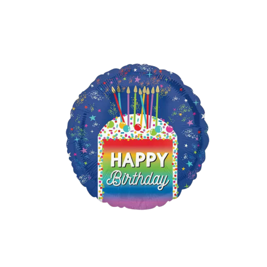 Rainbow foil balloon with birthday cake and candles for birthday theme from Parte Haus party supply store in Bethesda MD